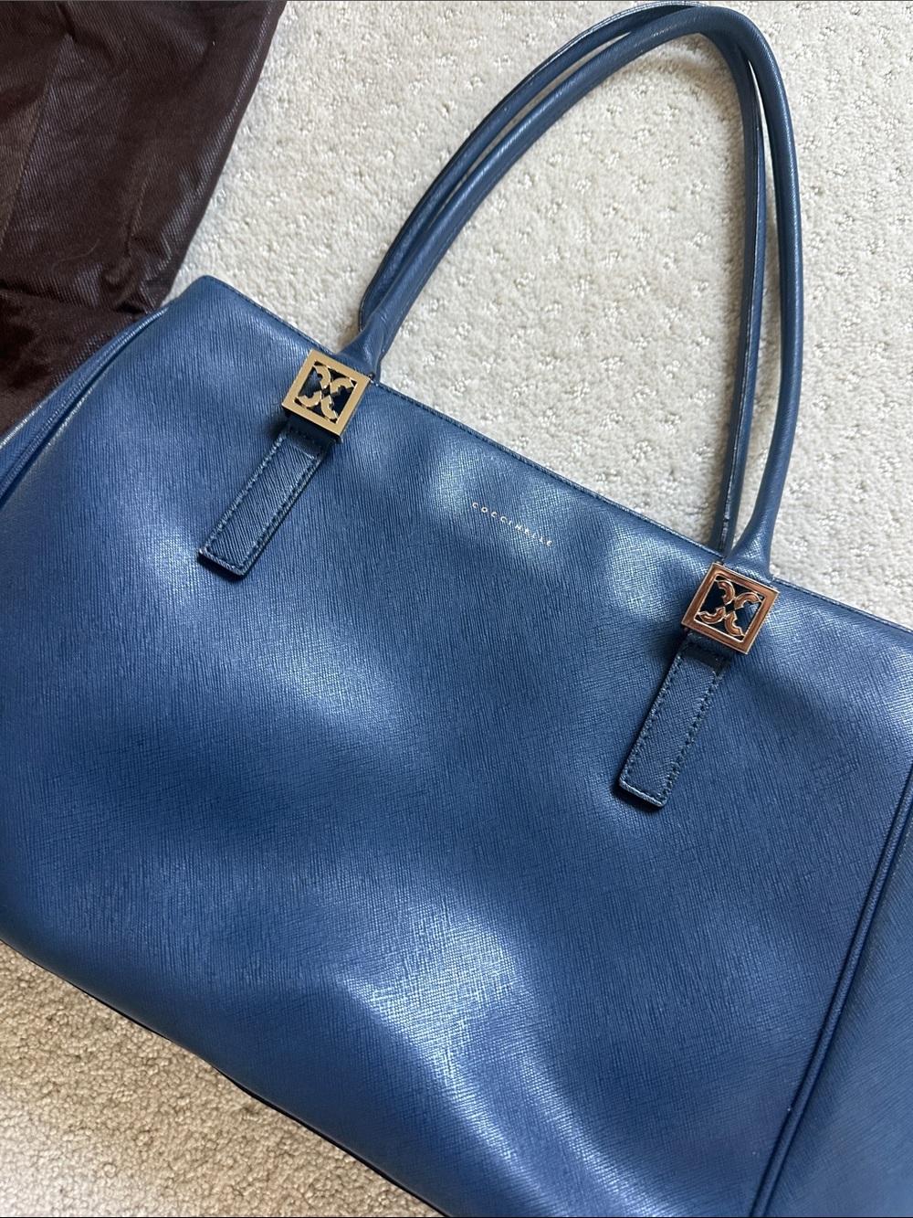 Coach Navy Blue Saffiano Leather Tote with Gold Hardware